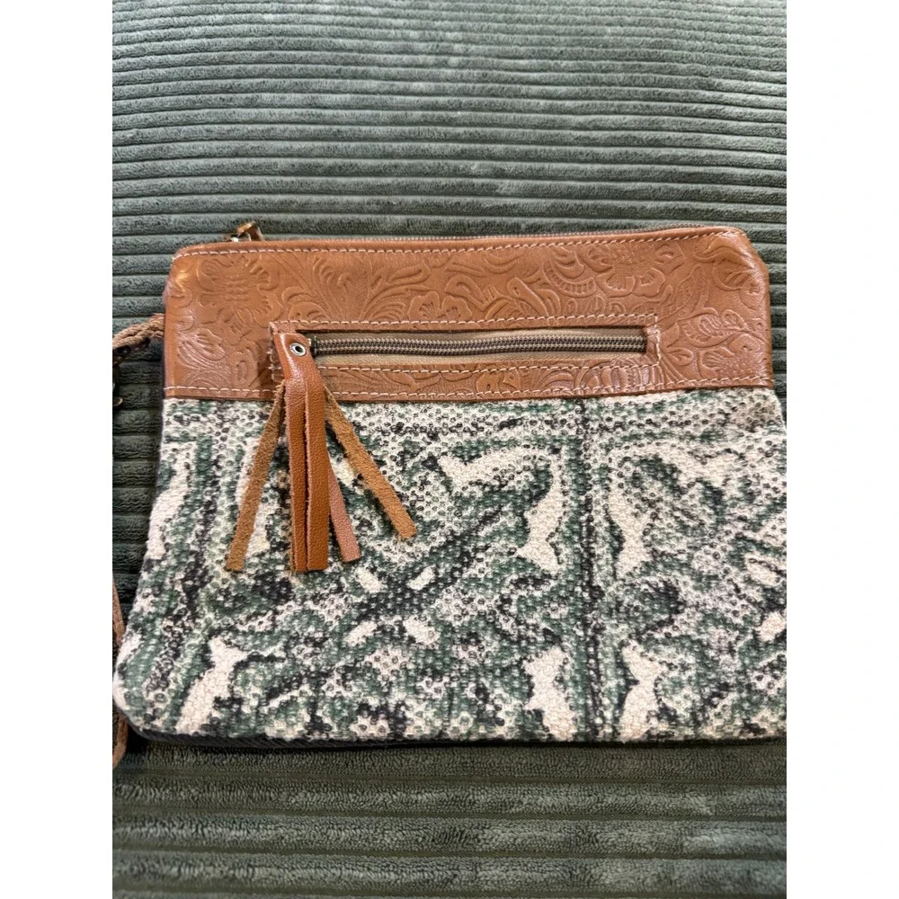 Myra Bag‎ Leather Tooled Canvas Clutch Wristlet Tassel Zipper Pouch Boho